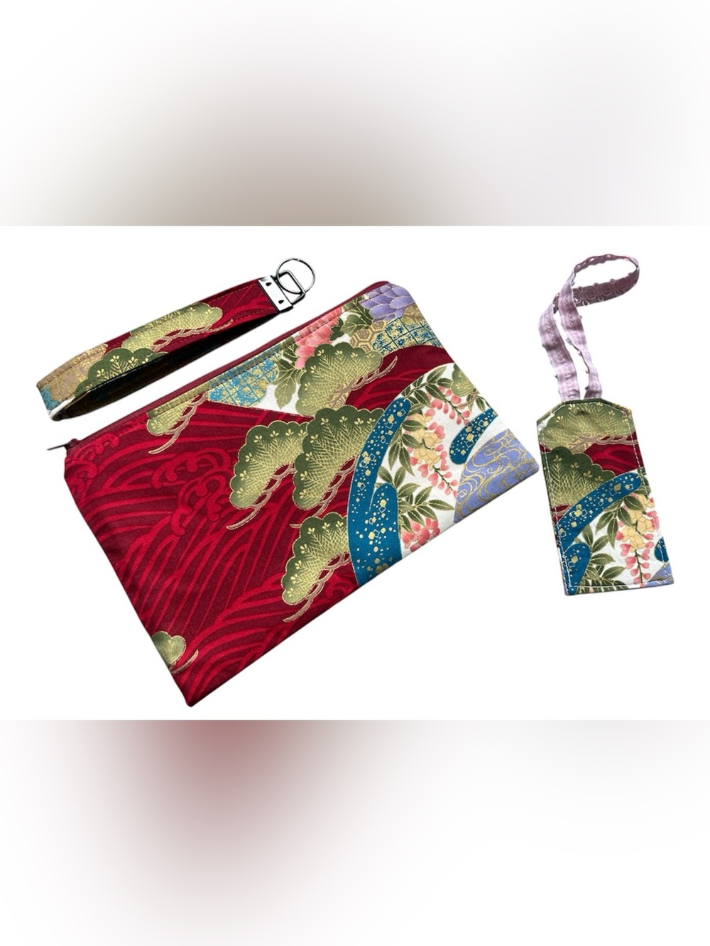 Red Floral Pattern pouch  with Matching key chain and Tag